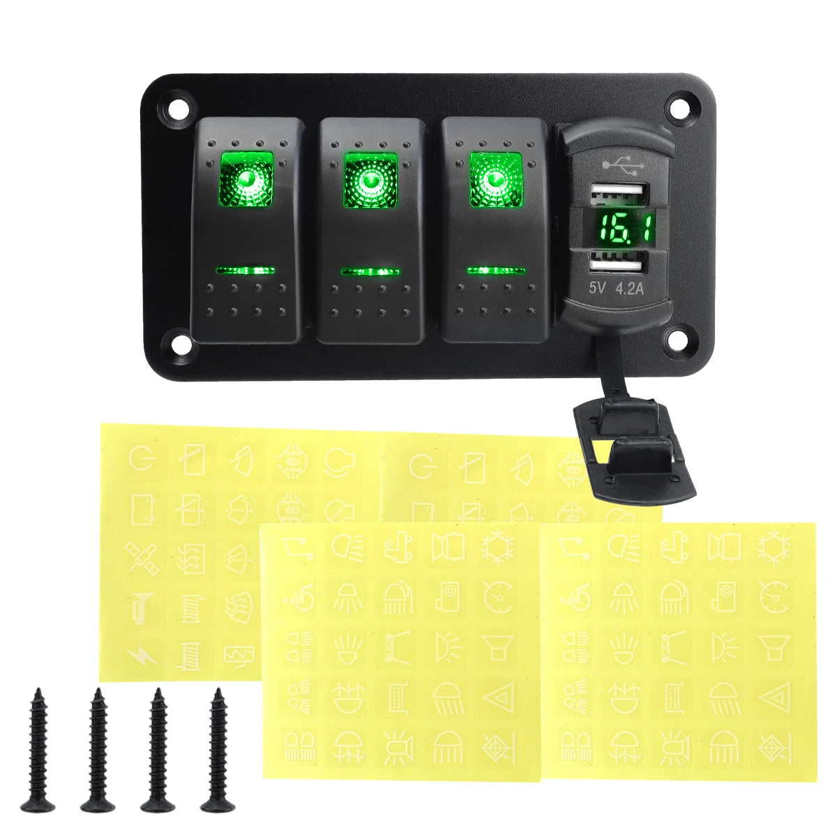 12V 24V DC 3/4/5/6/8 sets of marine control lever switch panel, with 4.8A dual USB charger voltage and sticker, green