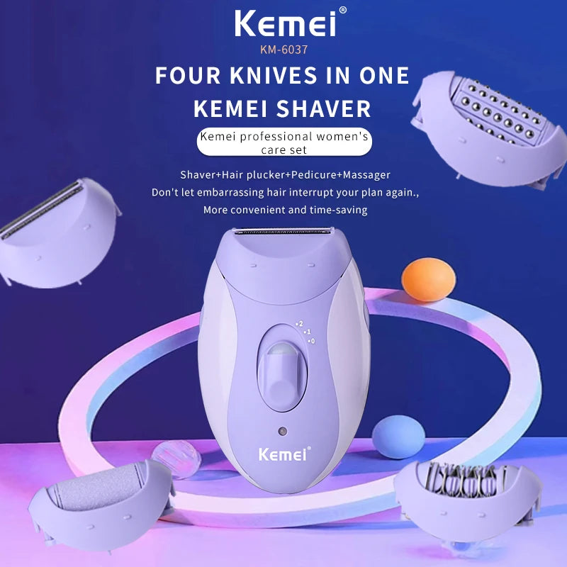 Kemei 4in1 Women Epilator Electric Shaver Facial Body Hair Removal Lady Leg Bikini Trimmer Hair Remover Underarms Rechargeable