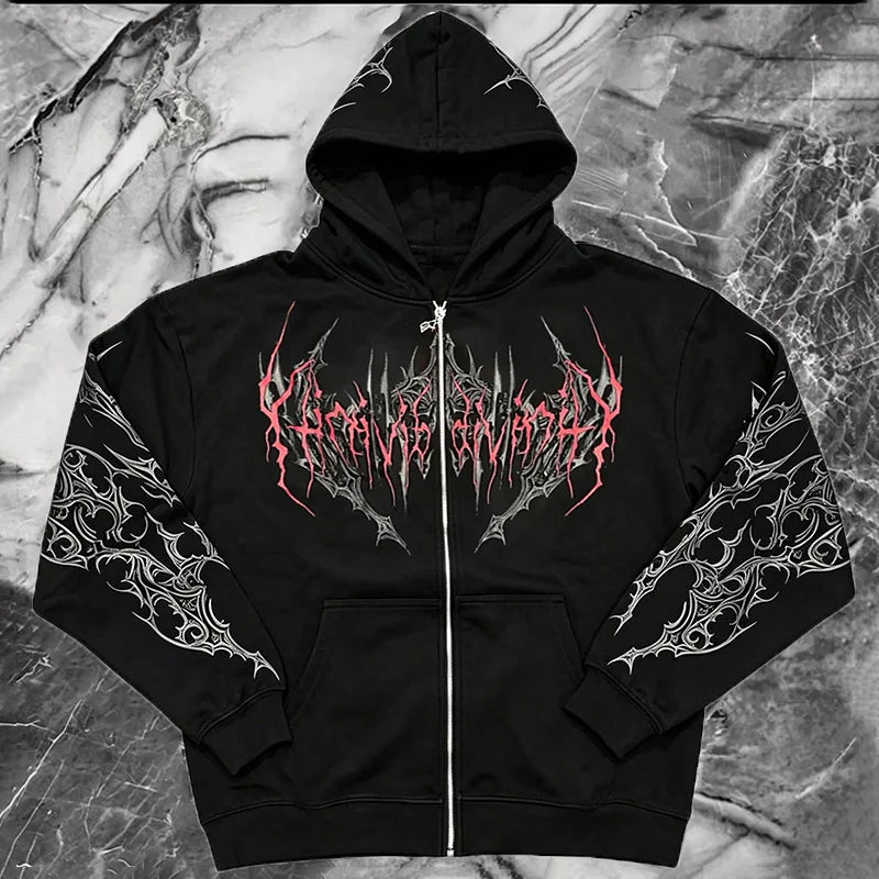 Men Gothic Skull Thorn Graphic Full Zip Up Hoodie Fleece Lined Long Sleeve Winter Punk Goth Streetwear Oversized Sweatshirt
