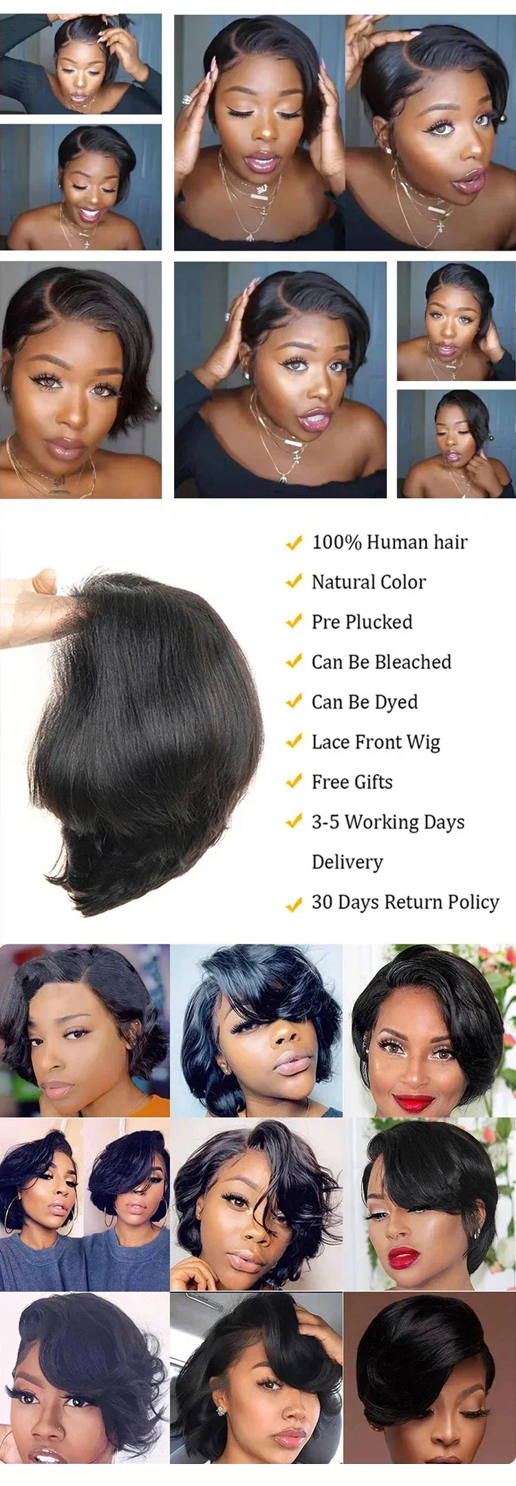 13x4 Lace Front Pixie Cut Bob Wig Highlight Honey Blonde Ombre Brazilian Remy Human Hair Pre‑Plucked Natural Hairline Soft