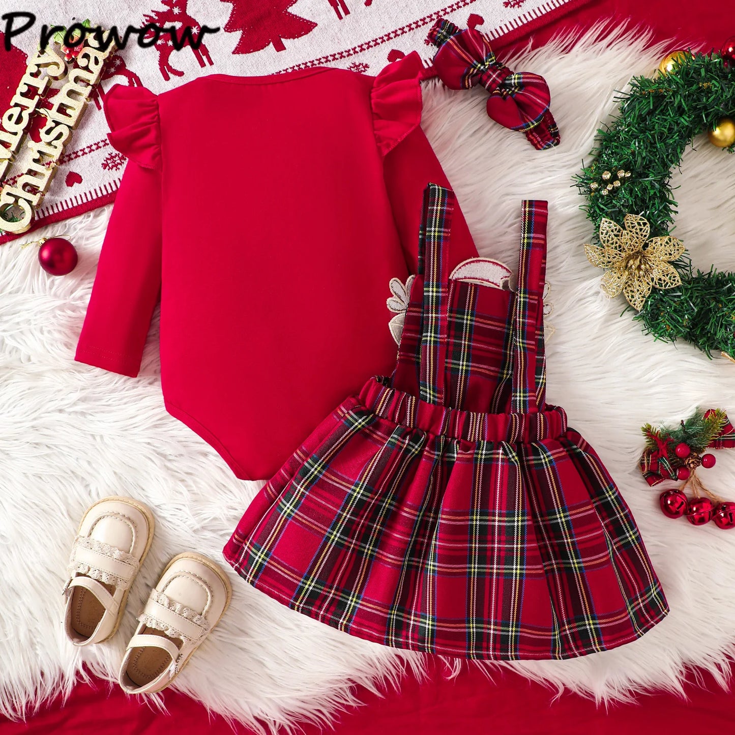 Prowow Baby Girls Christmas Outfits Set Red Bodysuit+Plaid Deer Suspender Dress Set 3pcs My First New Year Costume For Baby 2026