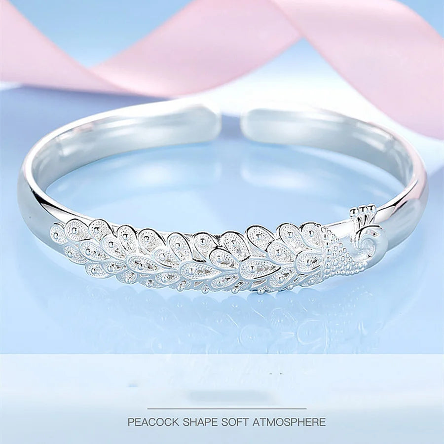 925 sterling silver elegant Peacock opening screen bracelet Bangles for women fashion party wedding Accessories jewelry gift