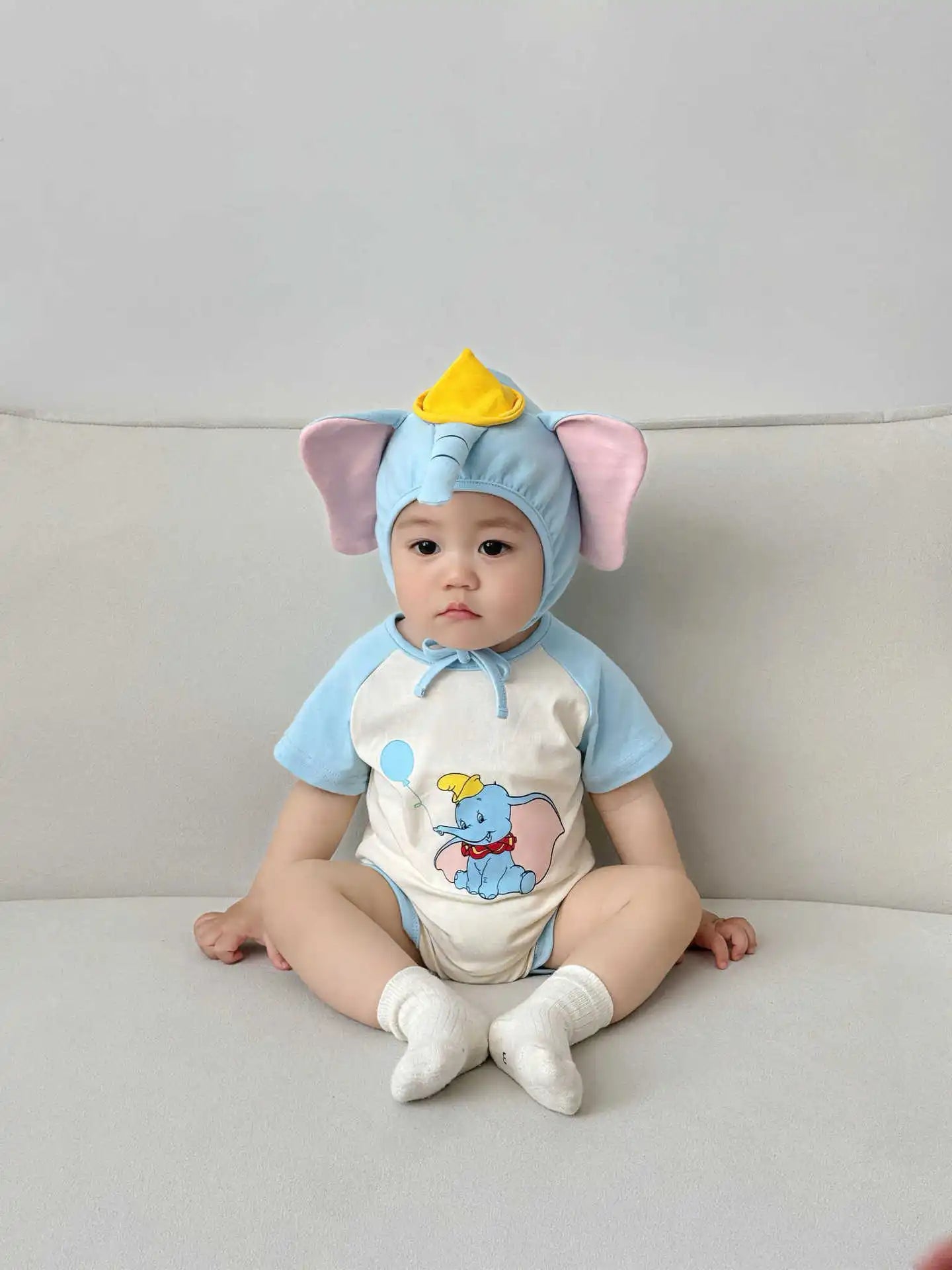 3D Elephant Print Baby Onesie with Hat Set Short Sleeve Romper Bodysuit Outfit Newborn Infant Summer Outfit Cute Animal Costume