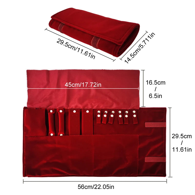 Burgundy Velvet Jewelry Roll Bag Portable Foldable for Necklace Earrings Ring Travel Exhibitions Organizer Storage Bag