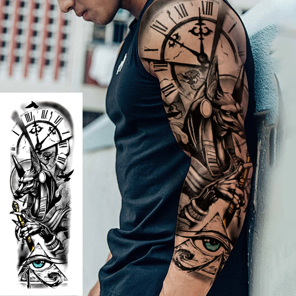 Large Full Arm Sleeve Waterproof Temporary Tattoo Sticker Anubis Ancient Egypt Greece Zeus Eye  Fake Tatoo Body Art Men Women
