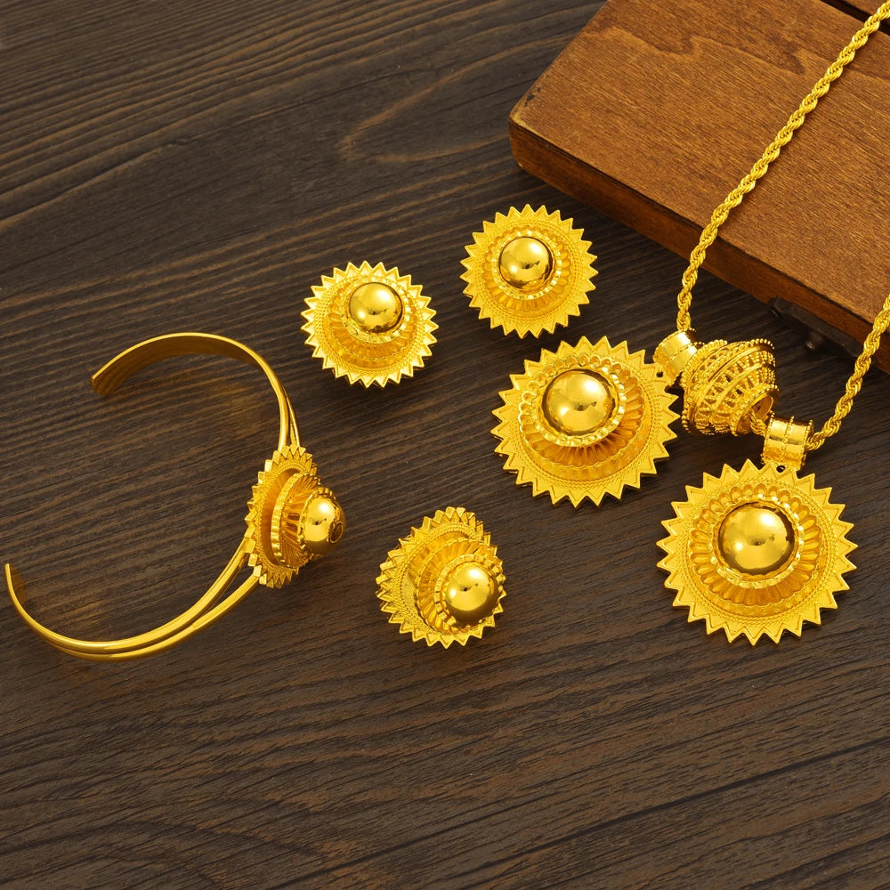 Ethiopian  Jewelry 2pcs Pendant/Necklace/Earring/Ring/Bracelet Gold Color Eritrea Set Man Women's Habesha Wedding Party Gift