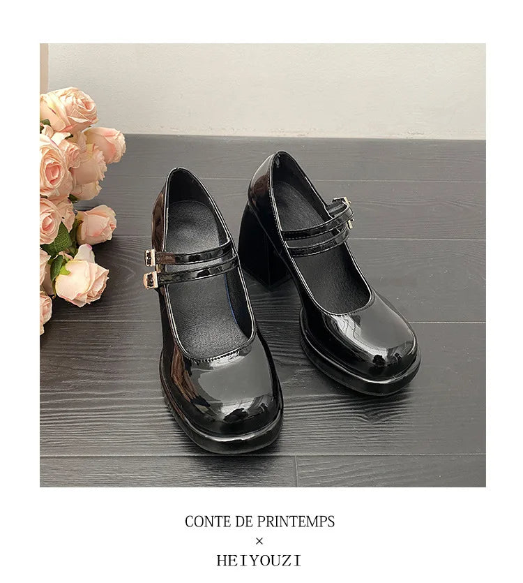 Women Chunky Heels Mary Jane Shoes Princess Spring New Fashion Platform Comfortable Black Soft Anti-slippery Dress Leather Shoes