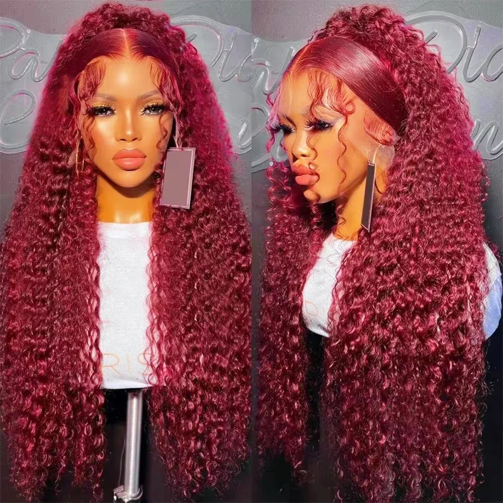 200 Density 13x4 Curly 99J Burgundy Lace Front Wig Red Wine Colored 30 40 Inch Deep Wave 13x6 HD Lace Frontal Human Hair Wigs
