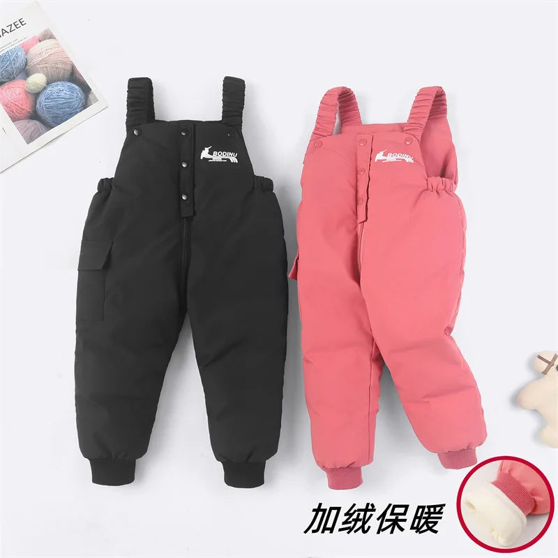 2025 Autumn Winter Baby Boys Overalls Solid Color Lining Plush Keep Warm Jumpsuit For 1-4Y Toddlers Kids Down Cotton Trousers