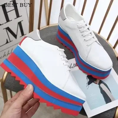 2024 Height Increasing Star Rivet Shoes Classic Platform Rose Gold sneakers Mix Color Square Toe Wedge Shoes Lace Up Lady Shoes