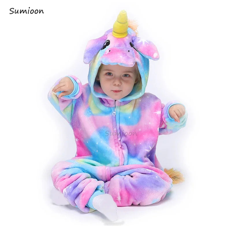 4 6 8 10 12 Years Girls Black Cat Jumpsuits Unicorn Pajamas Kigurumi Toddler Kids Hooded Flannel Home Wear Children Onesie