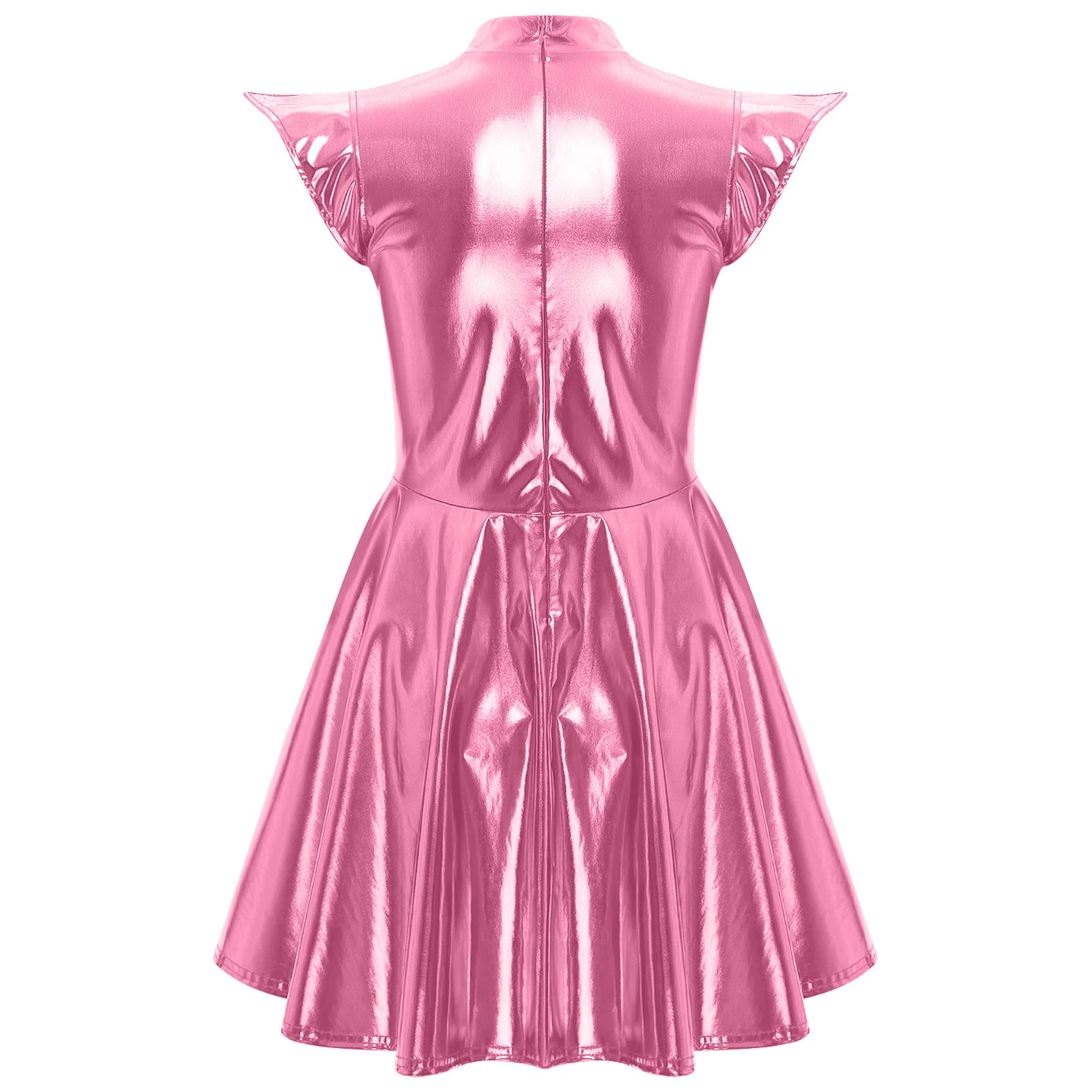 Womens High Waist A-line Dress Shiny Metallic Mock Neck Cap Sleeve Dress Modern Pole Dance Rave Party Bar Club Wear Street Wear