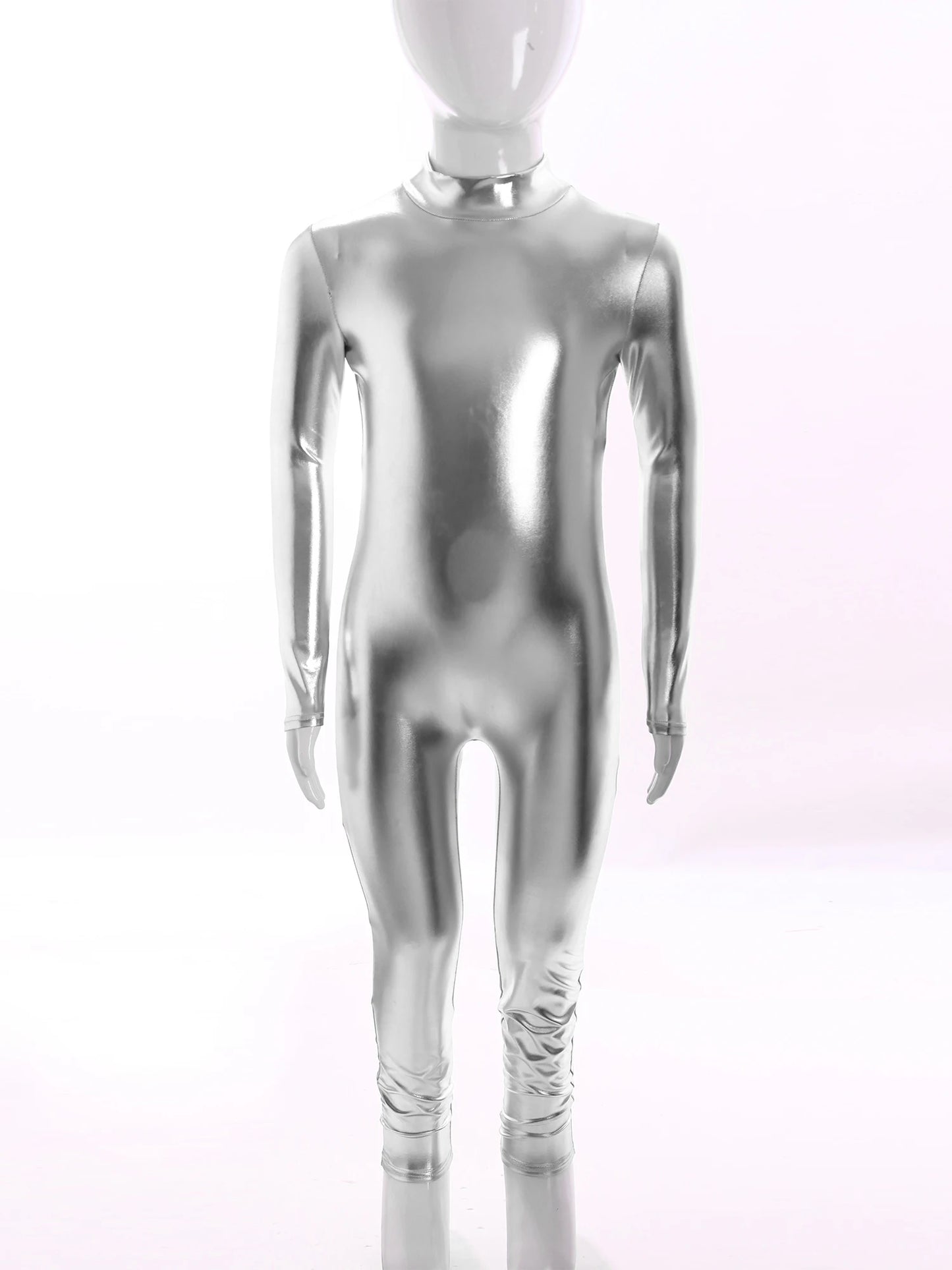 Kids Boys Girls Dance Metallic Jumpsuit Children's Gymnastics Bodysuit Performance Costume Long Sleeve Full Length Leotard