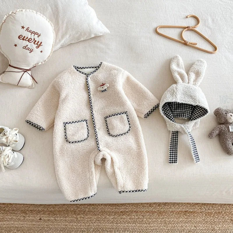 New Autumn Winter Baby Girl Boy Romper with Bunny Hat Cute Pocket Design Warm Infant Long Sleeve One-Piece Jumpsuit B5066