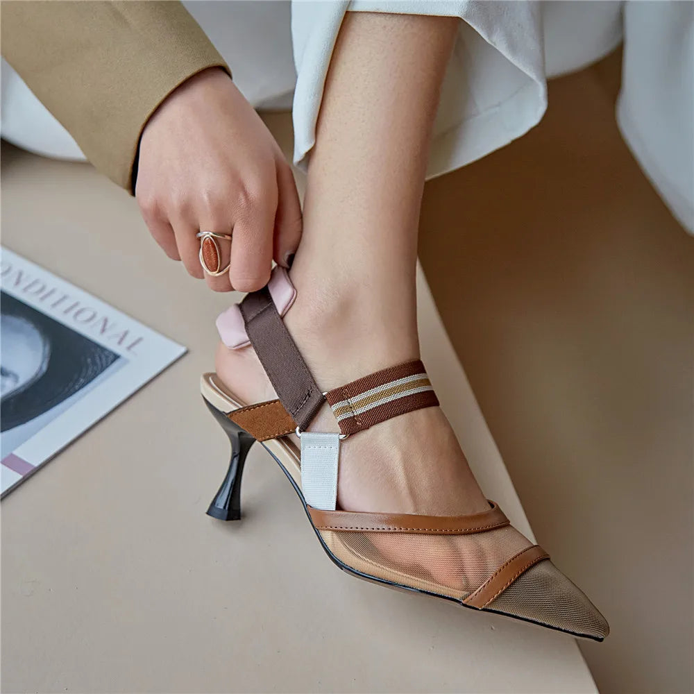 Aucegi Pointy Toe Thin High Heel Slingback Sandals Women Brand Design Elegant Genuine Leather Splicing Mesh Party Dress Shoes