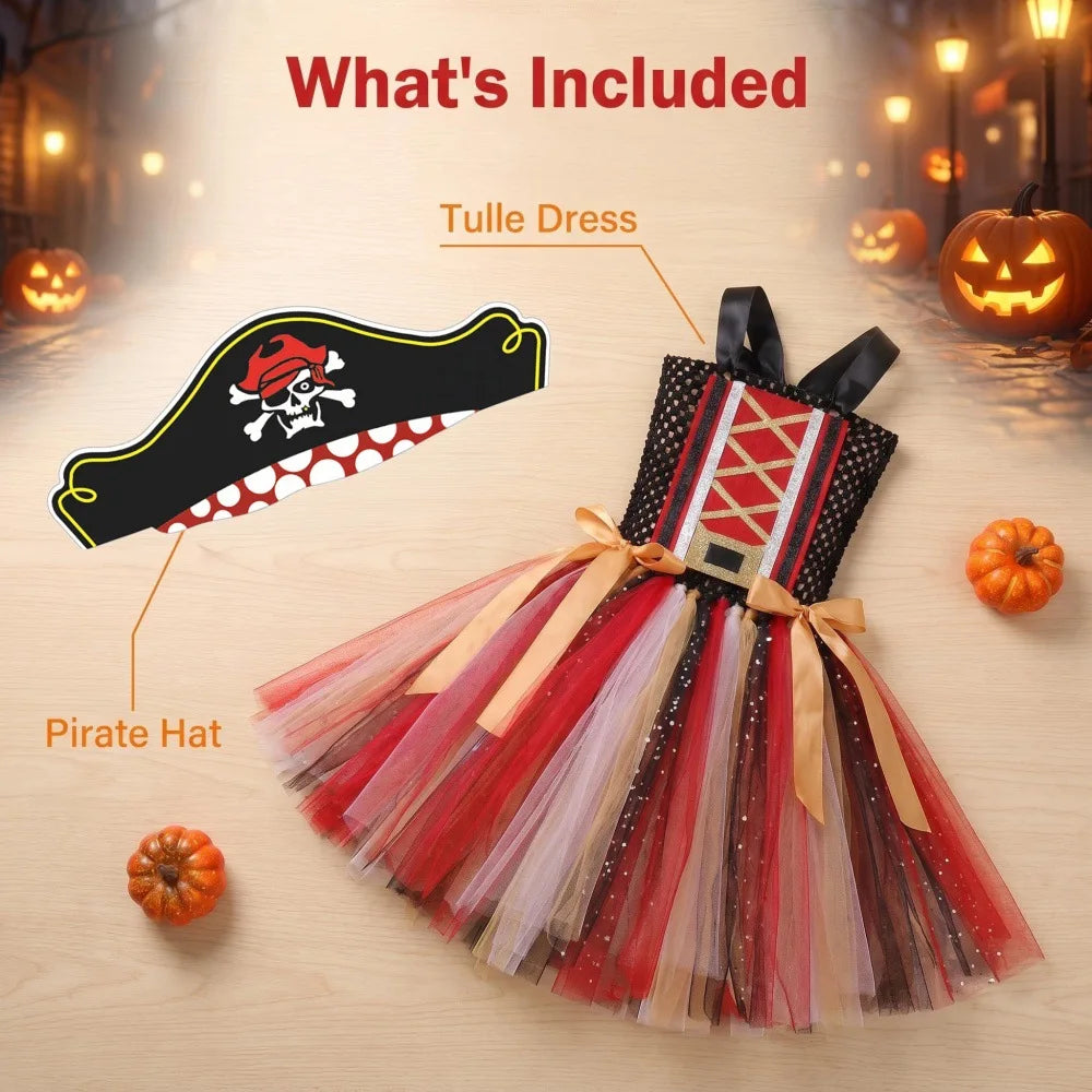2-12Yrs Children Cosplay Villain Costume Tutu With Hat Girls Halloween Party Outfit Black Red Off Shoulder Princess Pirate Dress