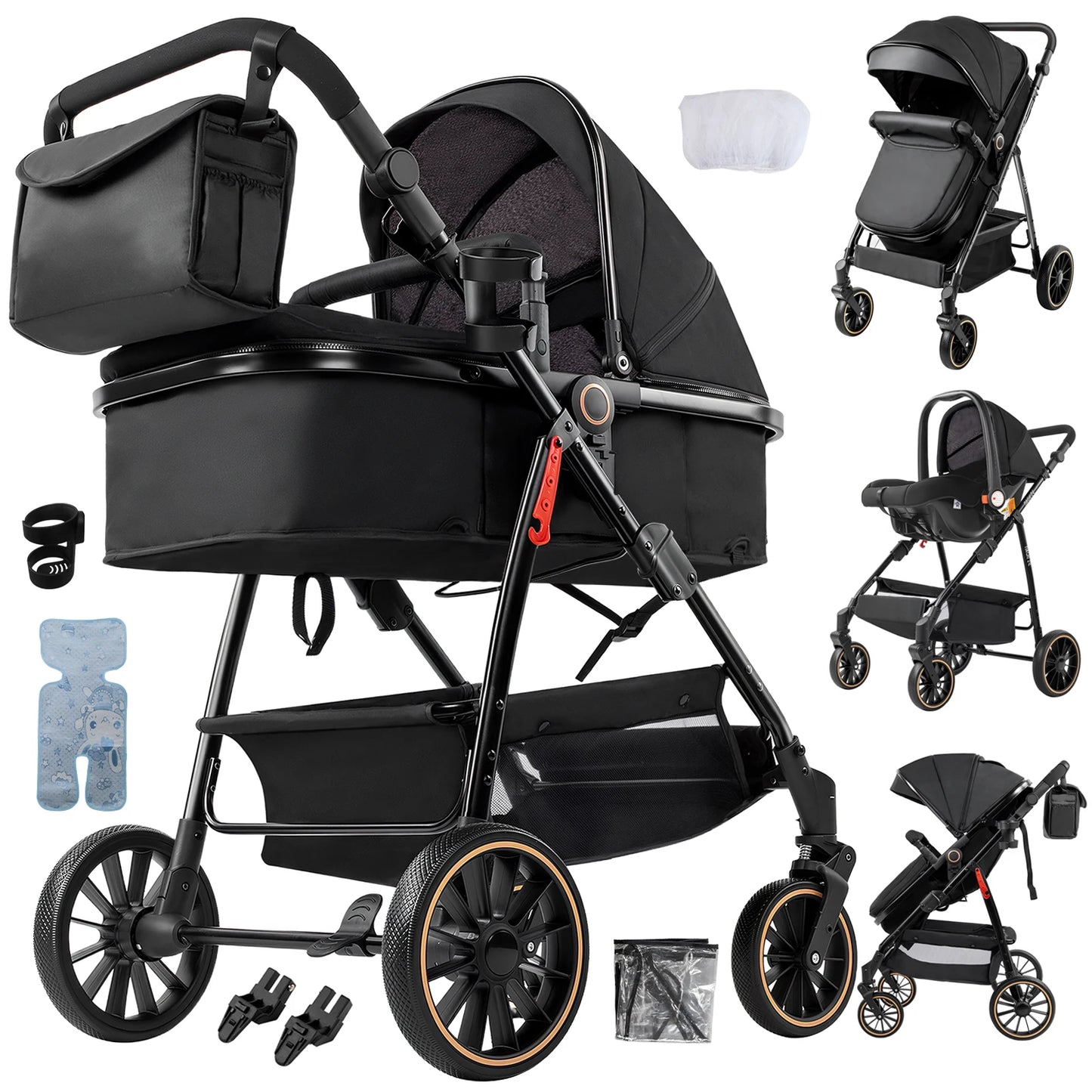 3-in-1 Baby Stroller with Bassinet & Car Seat Mode, 5-Point Harness, One-Hand Fold & Lightweight Design for Compact Storage