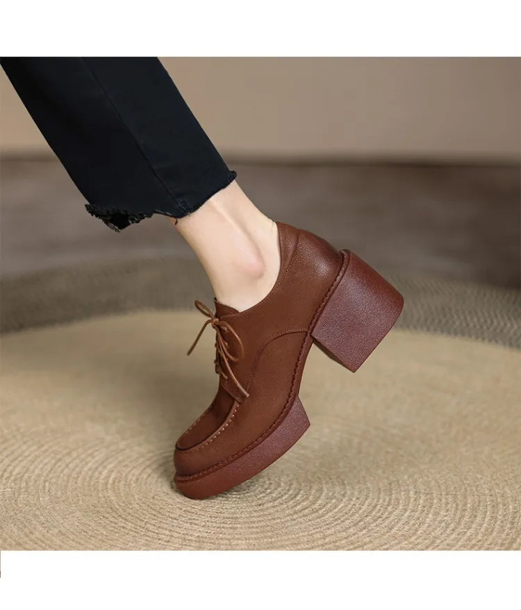 NEW Spring/Autumn Women Shoes Genuine Leather Round Toe Platform Shoes Women Solid Lace Women Pumps Thick Heel Shoes for Women