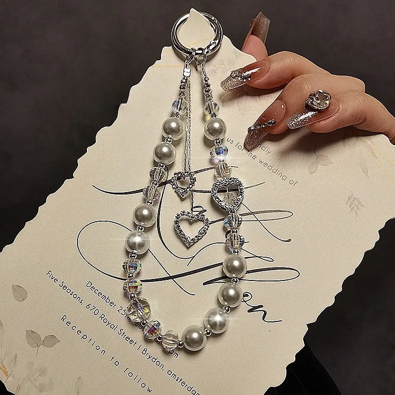Fashionable Light Luxury Beaded Crystal Mobile Phone Chain Pendant Rhinestone Love Pendant Pearl Mobile Phone Lanyard Wrist Hand