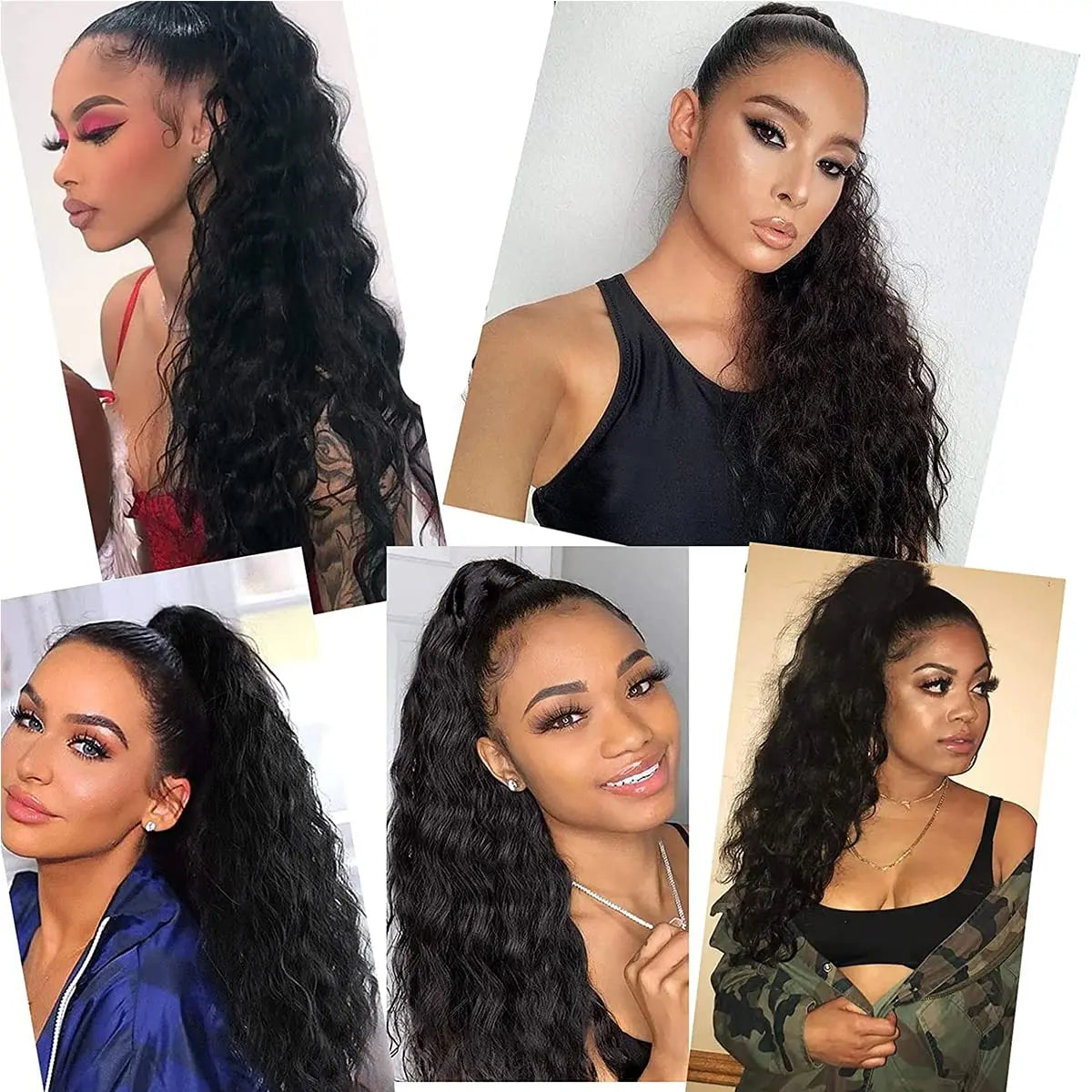 Synthetic Long Corn Wave Ponytail Extension Magic Paste Heat Resistant Wavy Wrap Around Ponytail Black Hairpiece for Women