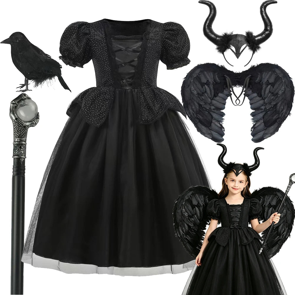 Halloween Costume For Kids Black Witch Dress Fancy Role Playing Costume Carnival Party Stage Performance Girls Gown Outfit