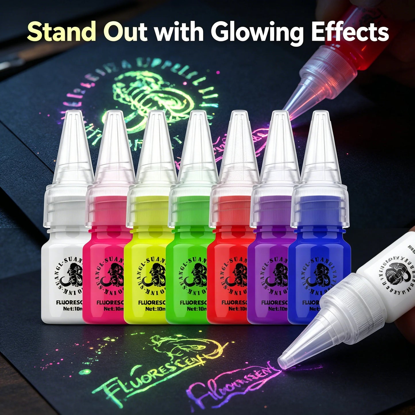 Glow Dark Tattoo Ink Set 7 Colors 10ml Fluorescent Pigmented Inks for Halloween Body Art Light Effects Vibrant Colors