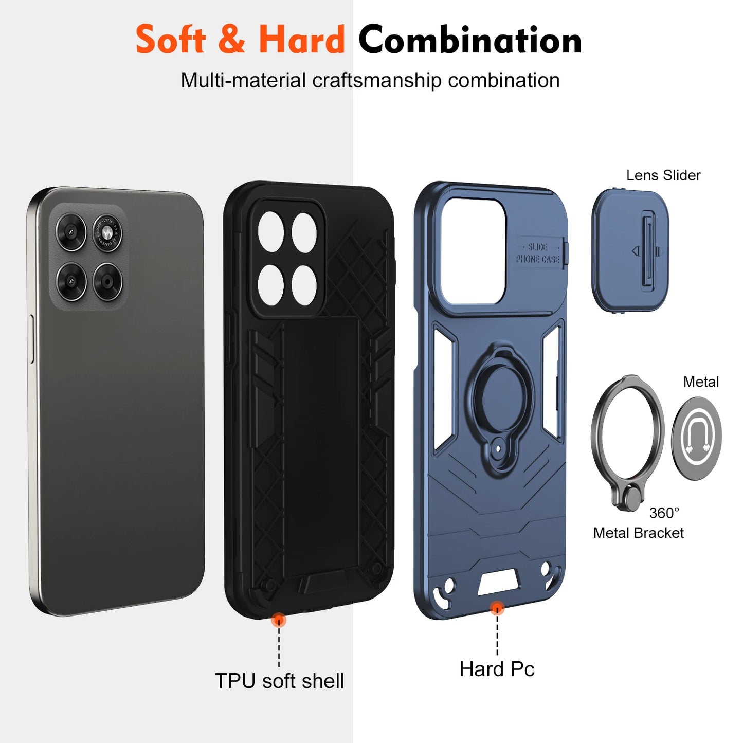 Sliding Window Metal Finger Holder Case for Motorola Moto G67 G77 G86 G56 G17 Power Shockproof Armour Camera Protection Cover