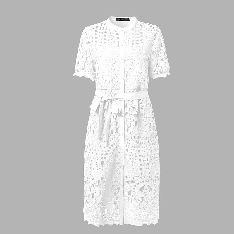 ZANZEA Elegant Lace Sundress Women Vintage Lace-Up Office Dress 2025 Summer Solid Hollow Out Vestidos A-Line CasualRobe Femme