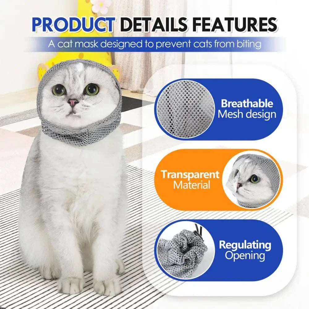 Cat Muzzle for Grooming Breathable Kitten Mesh Muzzles Adjustable Pet Grooming Muzzle Anti Scratch Cat Grooming Restraint Bags
