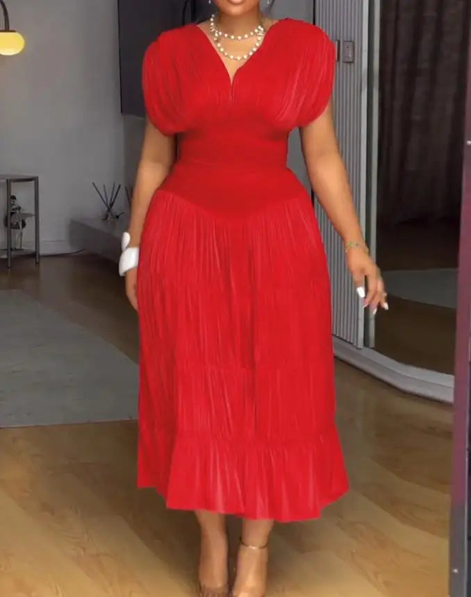 Womens Dresses 2025 Spring New Textured V Neck Sleeveless Ruched Ruffles Hem Dress Casual Waist A Line Party Midi Dress