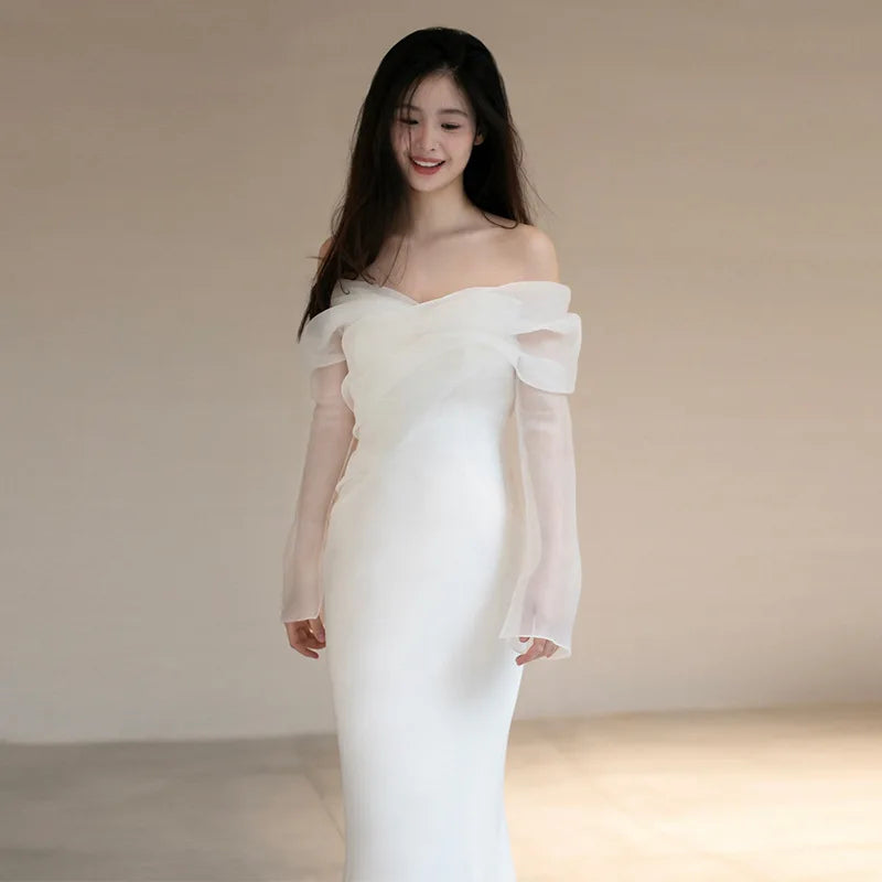 2026 Summer New One Shoulder Satin Light Wedding Dress French Travel Photography Bridal Temperament Simple and Slim Fit Dress