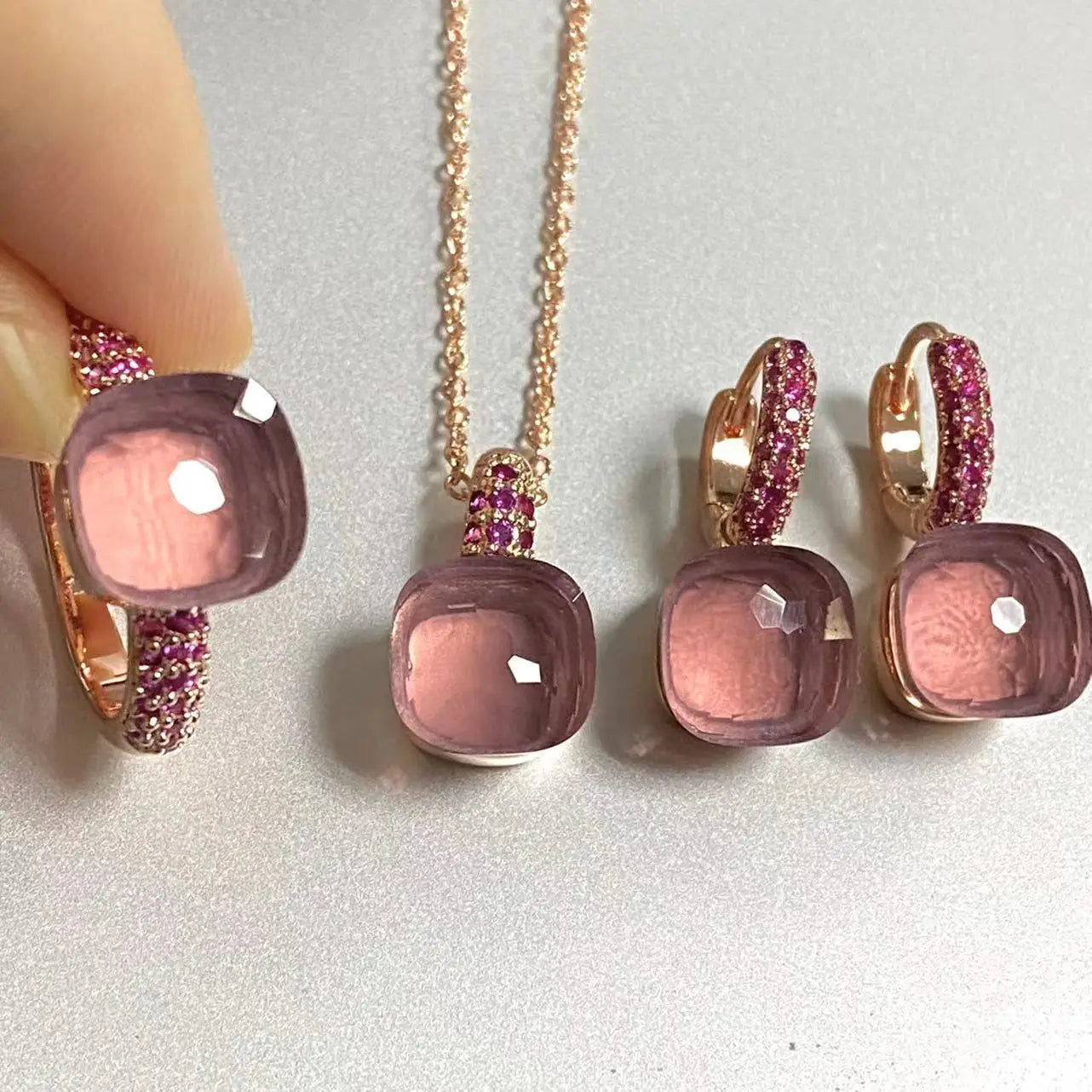 3Pcs/Set Women's Fashion Jewelry Gift Set - Rose Gold Plated Ring Earrings Necklace with Inlay Purple Zircon Crystal