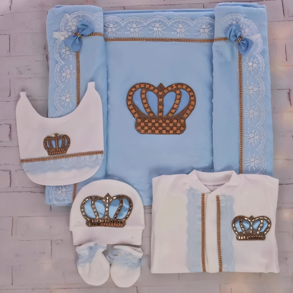 5pcs Newborn Baby Embroidery Lace Romper Outfit Clothing Cotton Infant Wrapped Baby Products Pants Mittens Receiving Blanket