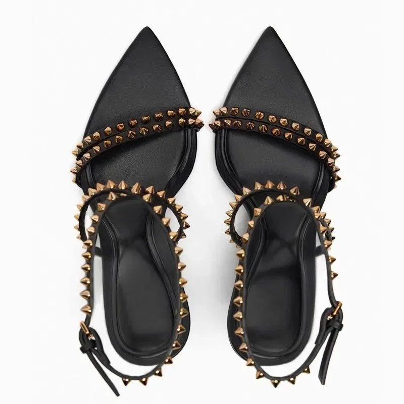 Luxury Designer Rivet Embellished Thin Heeled Sandals Women Summer Sexy Pointed Toe Ankle Strap High Heels Elegant Party Shoes