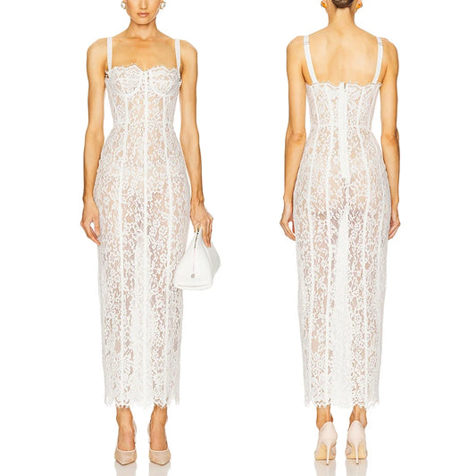 Women’s Cocktail Dress Sexy Lace Hollow Out Transparent Sleeveless Slim Fit Maxi Party Club Evening Gown White Long Dresses