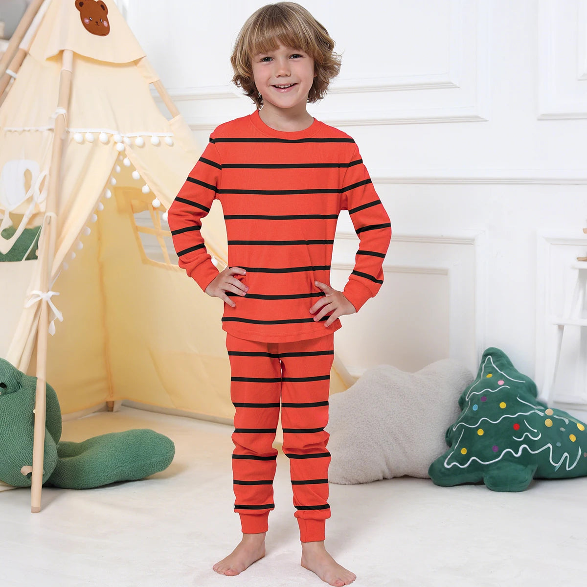 Halloween Pajamas for Kids Toddler Boys Stripe Orange and Black Pyjamas Set Carnival Cosplay Party Gift Winter Cotton Costume
