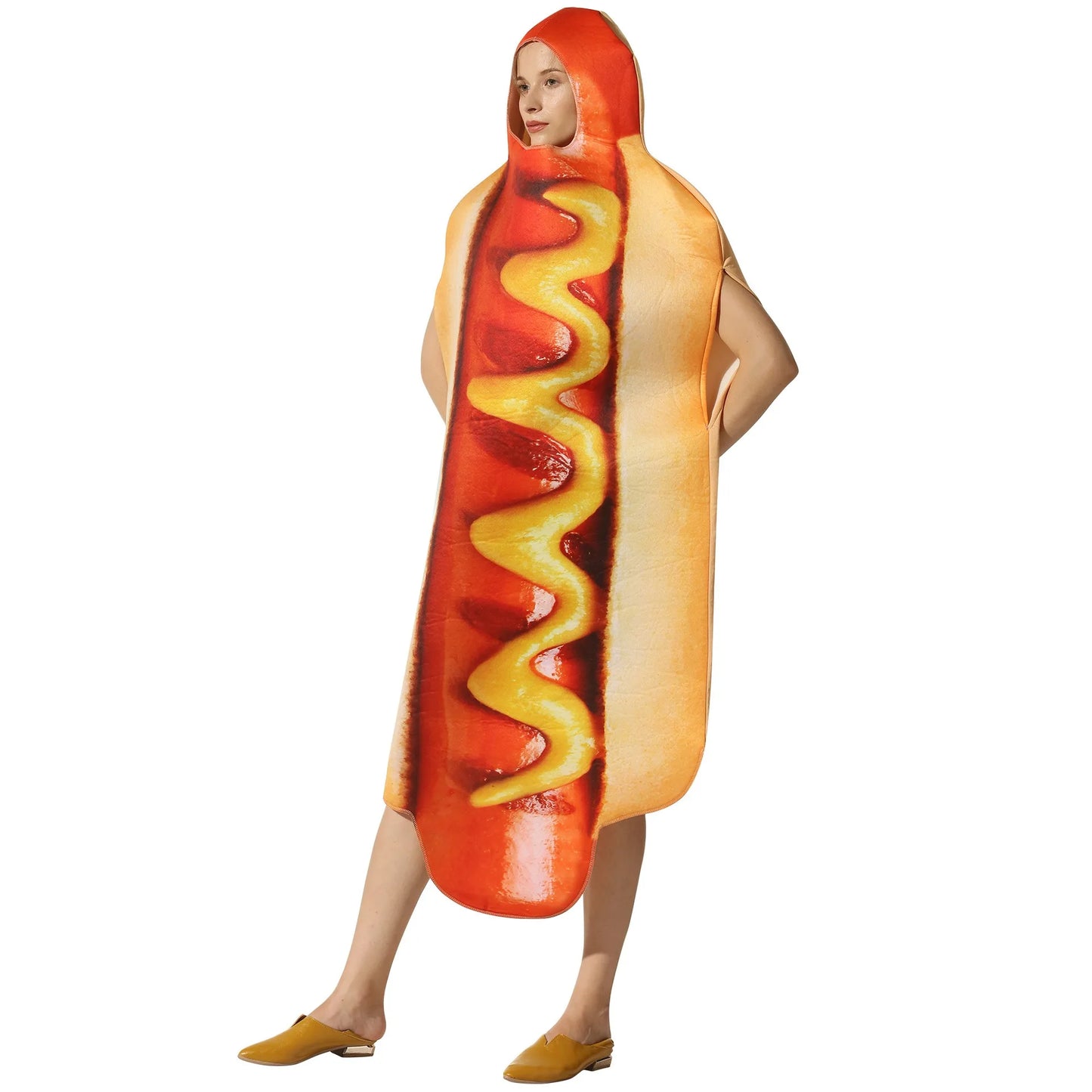 Halloween party costume, hot dog cosplay attire, stage performance outfit, one-piece dress, performance outfit