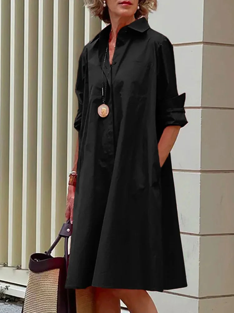 Women Casual Solid Pocket Shirt Dress Elegant Turn Down Collar Office Lady Dress Autumn Female Long Sleeve Loose Dress Vestidos