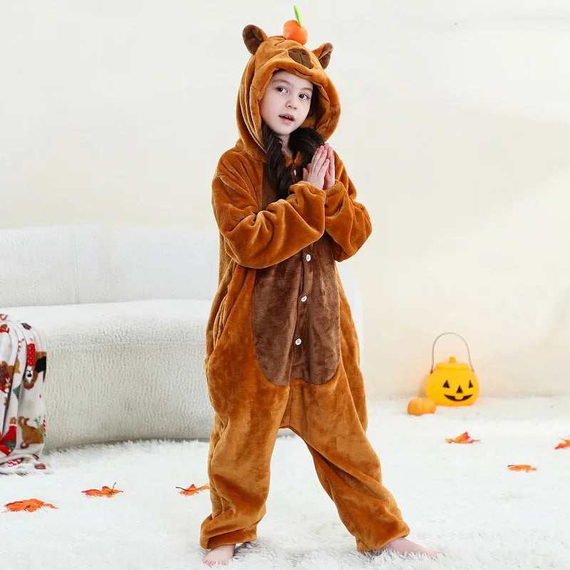 MICHLEY Christmas Capybara Flannel Blanket Sleepers Onesie Hooded Children Costume Clothes Jumpsuit Sleepwear For Boys Girls