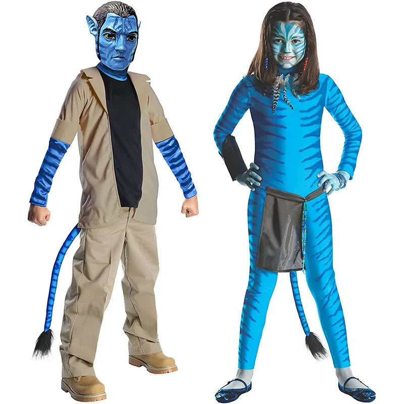 Halloween Avatar Costume Boy Girl Carnival Purim Party Stage Performance Clothes Set Movie Avatar with Tail Jumpsuits