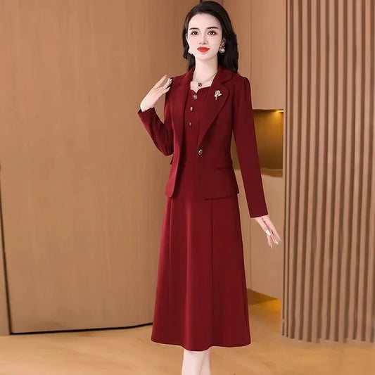 Elegant Slimming Autumn Winter Wedding Dress Set Long Ankle Length Cocktail Dresses with Suit Jacket for Wedding Banquet