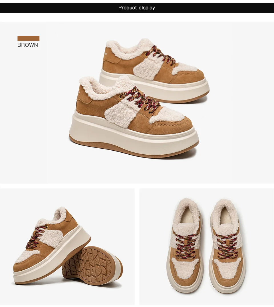 BEAUTODAY Fury Sneakers Women Cow Suede Leather Round Toe Lace-up Closure Platform Shoes Ladies Winter Warm Flats Handmade 29787