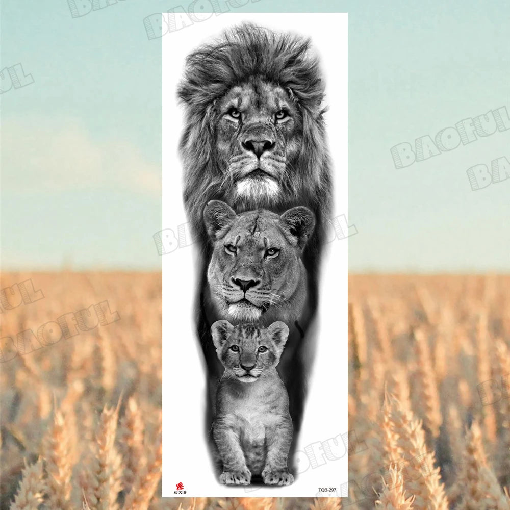 BAOFUL Full Arm Sleeve Temporary Tattoos For Women Men Realistic Wolf Lion Warrior Maori Fake Tattoo Stickers Thigh Leg Tatoos