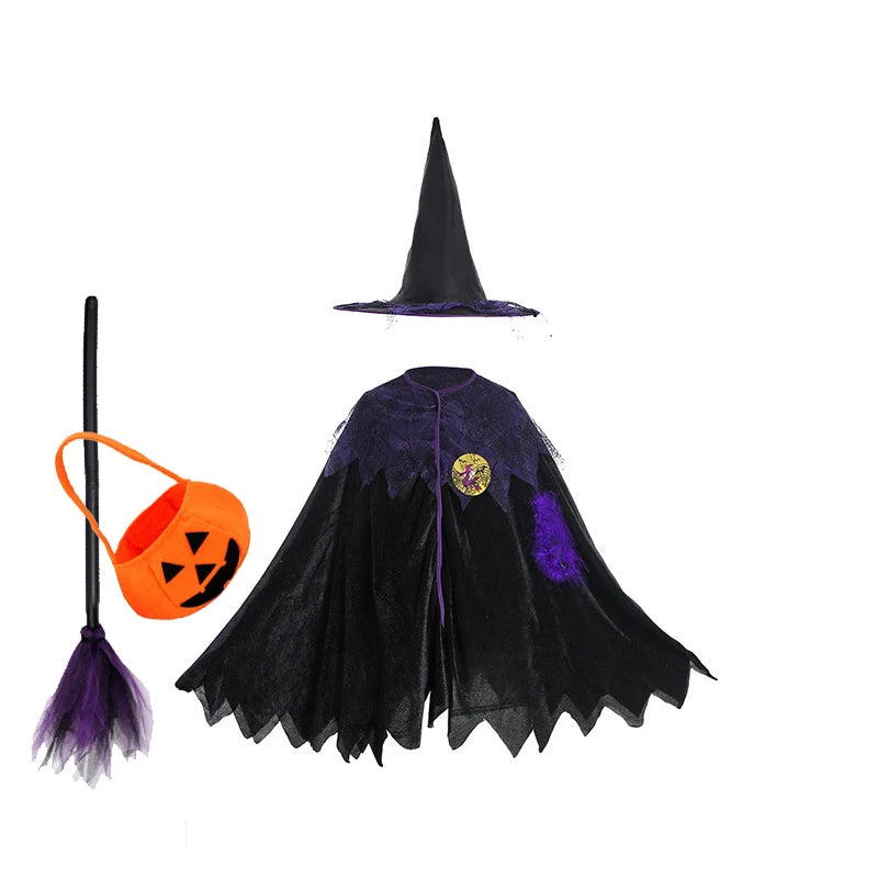 5 Styles Halloween Costume for Kids Girls Purple Bat Dress Halloween Fantasy Vampire Costume with Hat Broom Pumpkin Belt Set