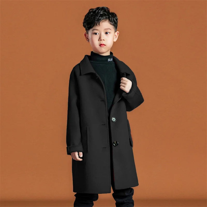 Boys Woolen Coat Overcoat Jacket Windbreak 2024 Red Warm Plus Thicken Autumn Winter Cotton School Children's Clothing