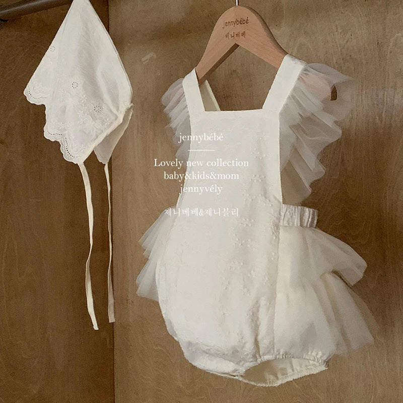 2024 New Summer Newborn Baby Girl Romper Flying Sleeve Cotton Mesh Splicing Toddler Baby Girl Jumpsuit 0-24M Baby Girl Clothing