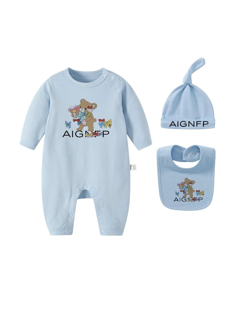 Cute Bow Bear Romper Newborns Clothes Autumn 2025 Hot Sale New Toddler Jumpsuit Hat Bib scarf Set Baby Girls Long sleeves Romper