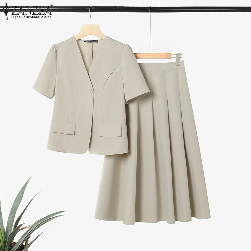 ZANZEA Vintage Outfits Women Fashion Office Dress Sets Solid Shirts A-Line Pleated Maxi Skirts Casual Suits 2025 Matching Sets