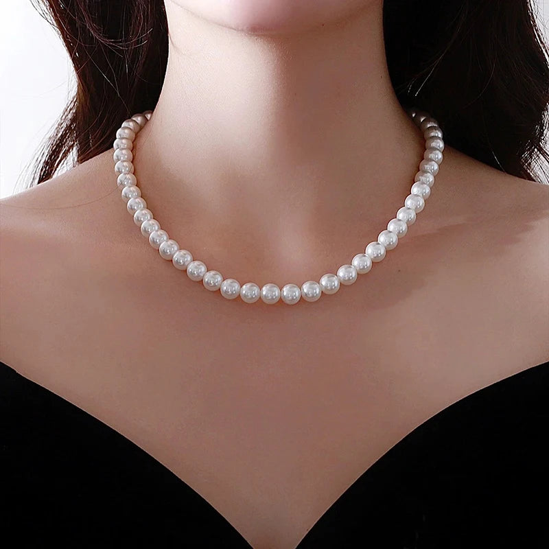 Fashion Elegant White Imitation Pearl Chokers Necklace For Women Men Wedding Banquet Necklaces Vintage Handmade Jewelry Gift