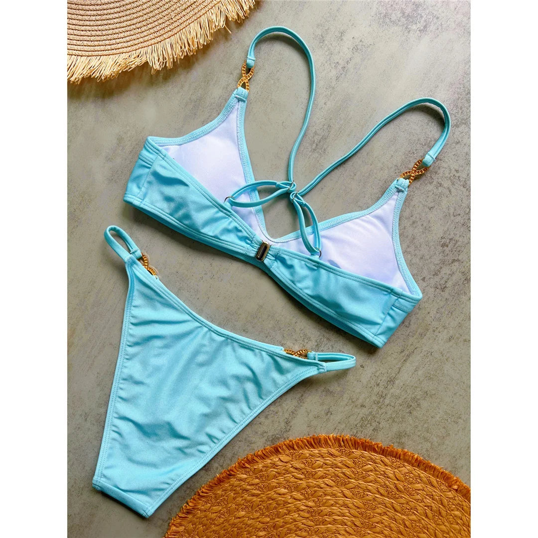 10 Colors V Neck Rhinestones Bikini Female Swimsuit Women Swimwear Two-Pieces Bikini Set Padded Bather Bathing Suit Swim V8138
